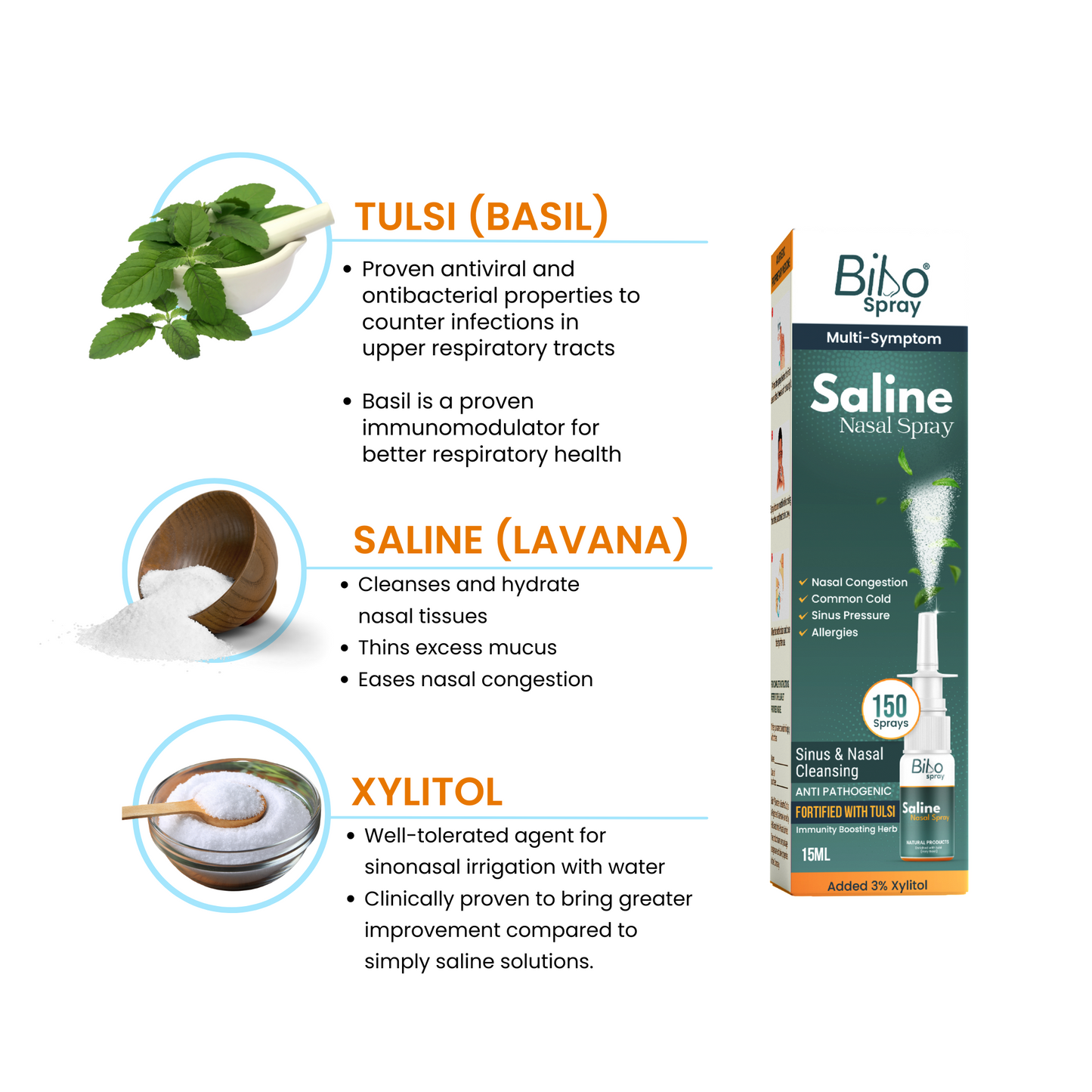 Bibo Saline Nasal Spray | With Tulsi & Xylitol | 15ml