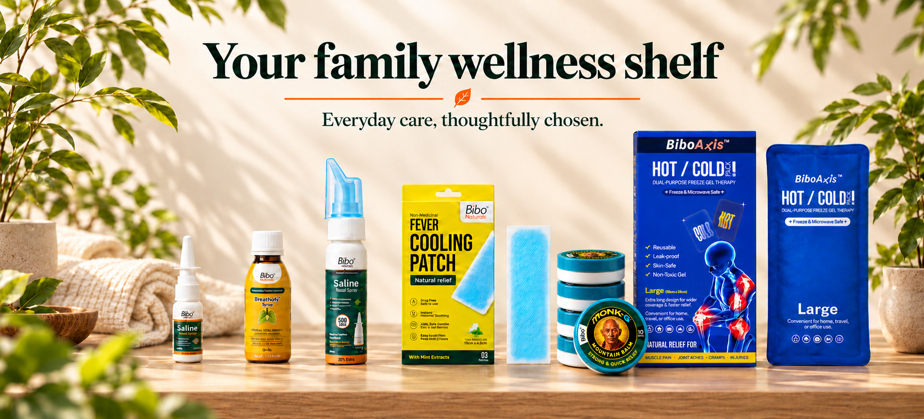 Your family wellness shelf with Bibo saline sprays, Breathofy, Fever Cooling Patch, Monk-G Mountain Balm and BiboAxis Hot and Cold Gel Pack